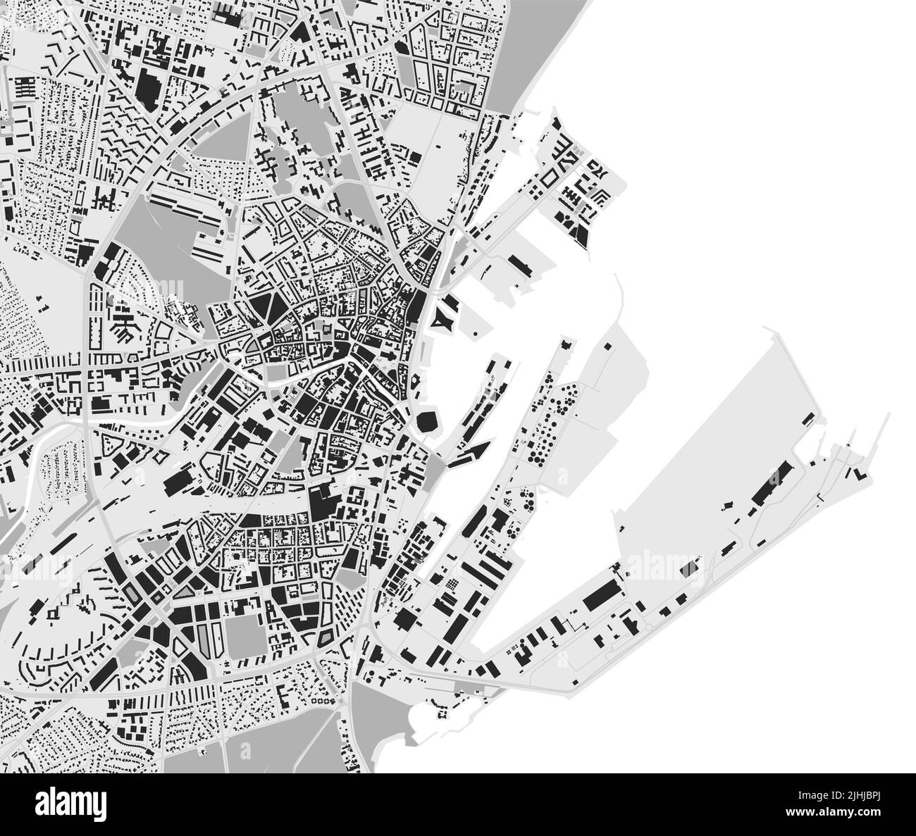 Stadtkarte von Aarhus. Vektorgrafik, Aarhus Karte Graustufen Kunstposter. Straßenkarte mit Straßen, Ansicht der Metropolregion. Stock Vektor