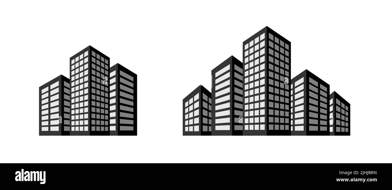 Gruppe von Gebäuden eingestellt. 3 und 5 mehrstöckige schwarze Häuser. Büros oder Wohnungen. Vektorsymbol mit Schatten und Perspektive. Stock Vektor
