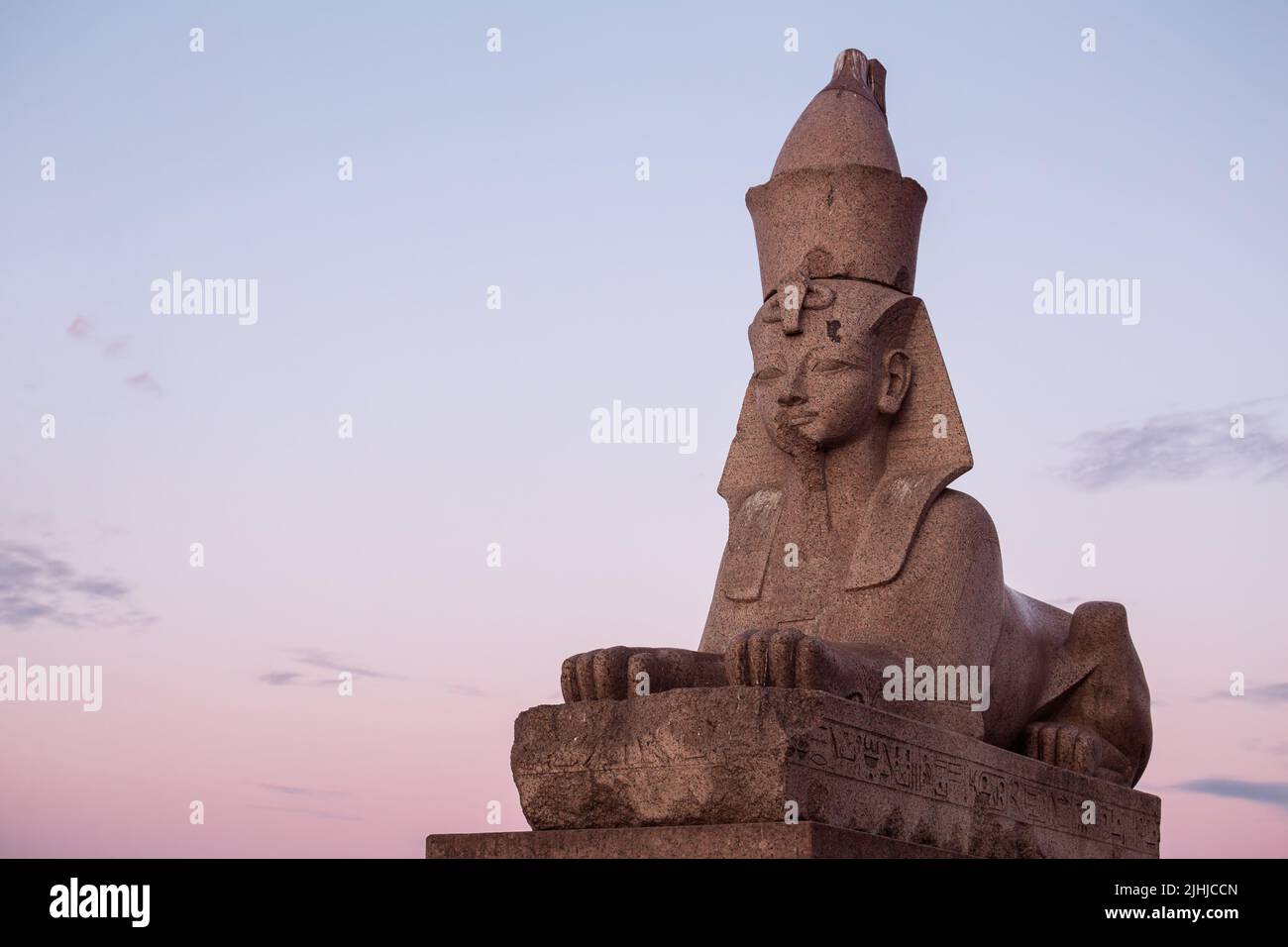 Ägyptische Sphinx am Ufer der Universität in St. Petersburg. Weiße Nacht, Morgendämmerung Stockfoto