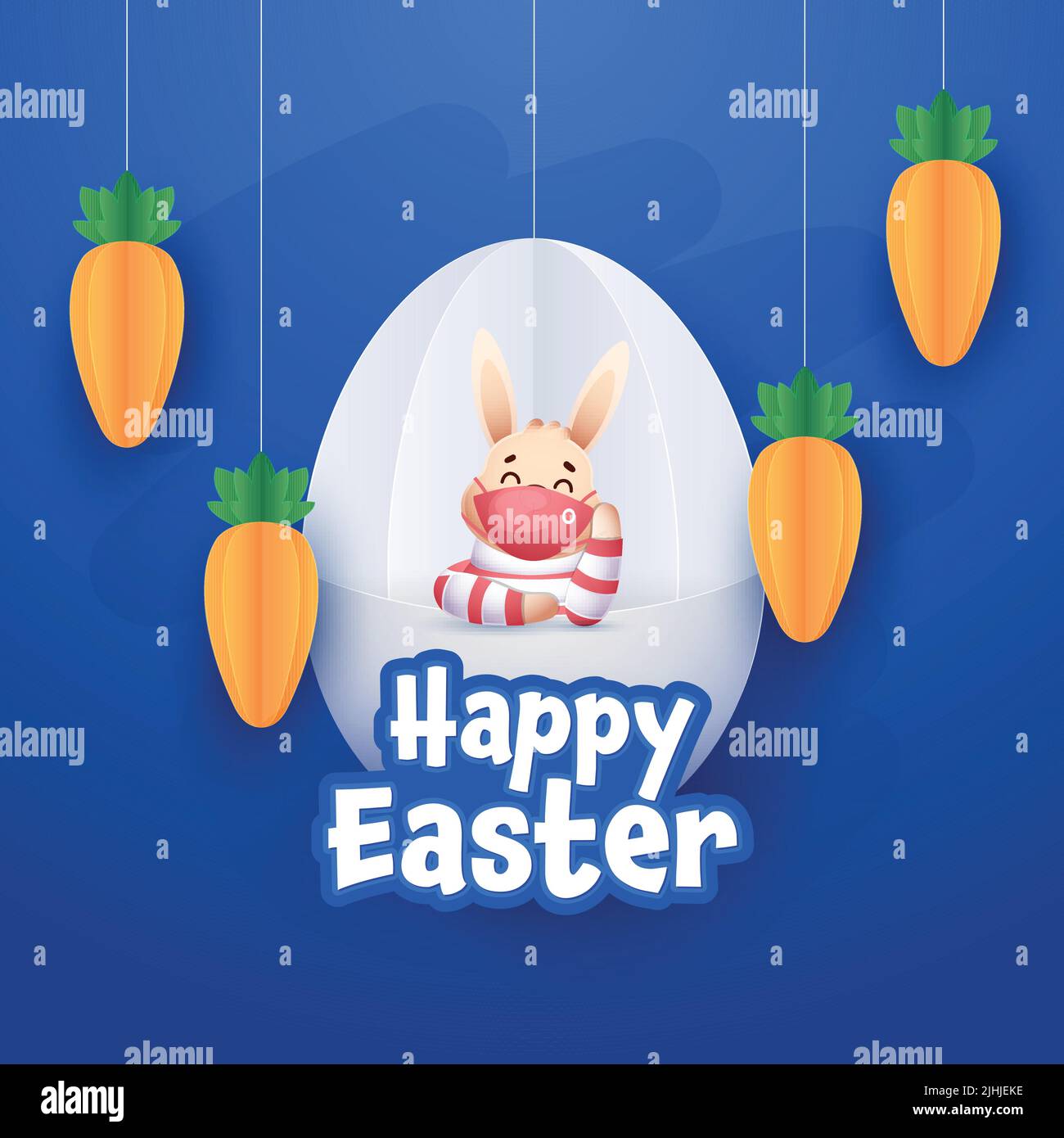 Sticker-Stil Frohe Ostern Schriftart Mit Niedlichen Kaninchen Tragen Sicherheitsmaske, Origami-Papier-Ei, Kaninchen Hängen Auf Blauem Hintergrund. Stock Vektor