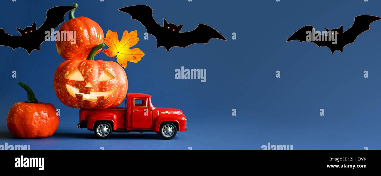 LKW mit vielen schönen orangefarbenen Kürbissen und Fledermäusen beladen. Vorbereitung auf den gruseligen Halloween Urlaub Stockfoto