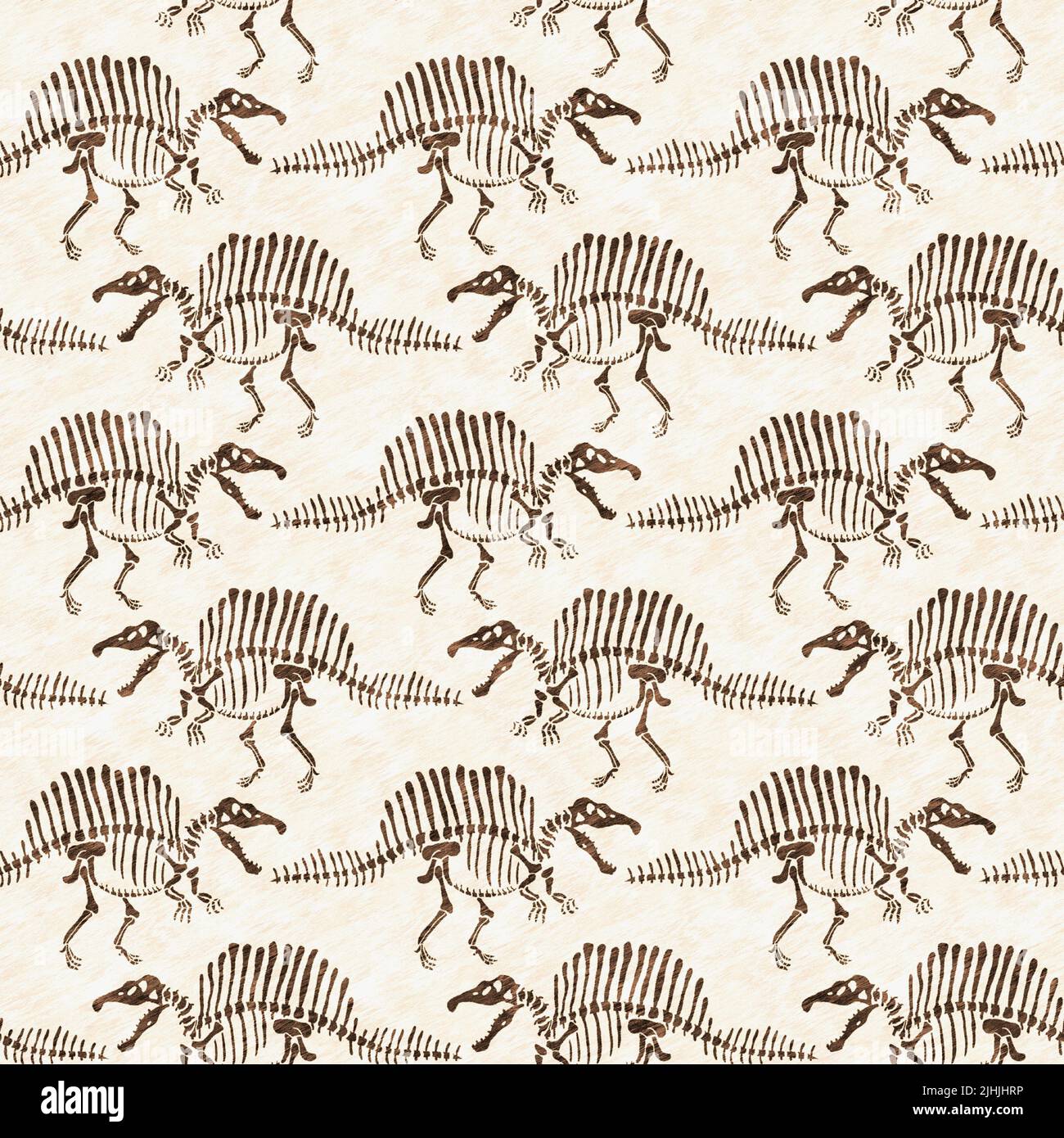 Braun handgezeichnete Spinosaurus fossile Knochen Dinosaurier nahtloses Muster. Geschlechtsspezifische neutrale jurassische Silhouette für die Babykrippe. Home Dekor für Museum Stockfoto