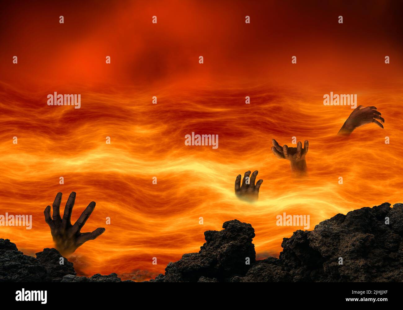 Konzeptuelle Hölle mit gequälten Seelen, die im Feuersee brennen. Religiöses Themenkonzept. Stockfoto