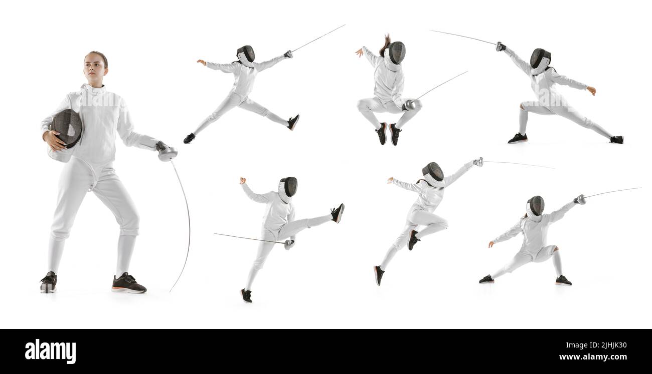Foto-Set mit Bildern von Teenie-Mädchen im Fechtkostüm mit Schwert in der Hand isoliert auf weißem Studio-Hintergrund. Sport, Jugend, gesunder Lebensstil. Stockfoto