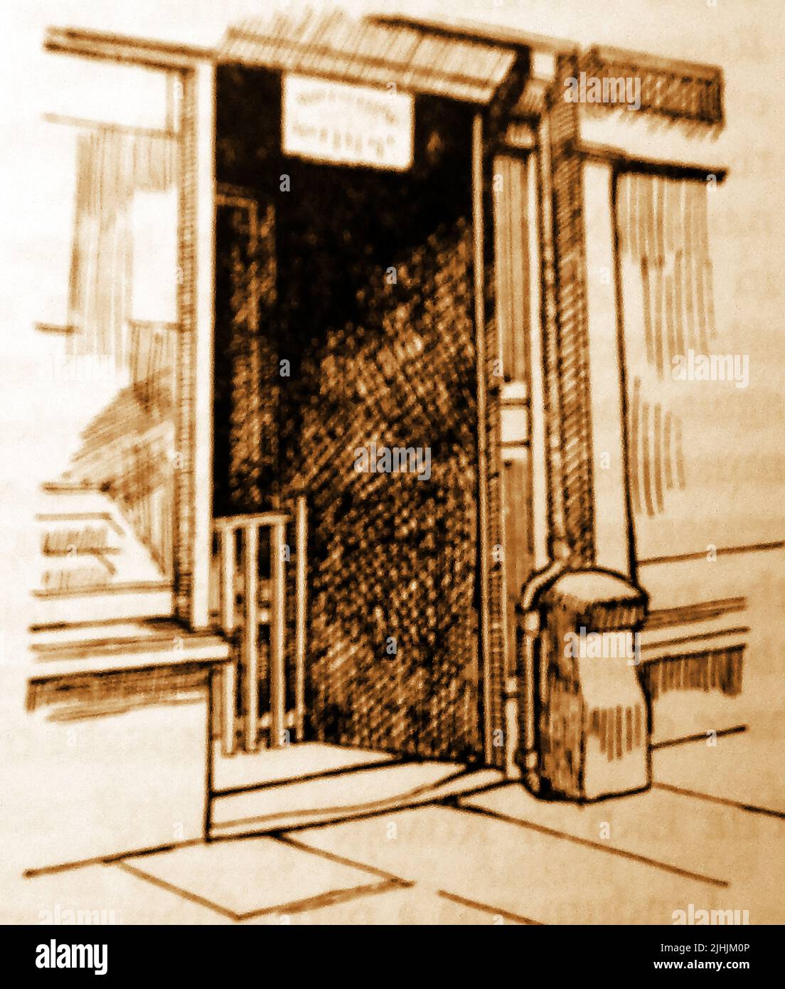 Eine Skizze aus den 1930er Jahren eines Teils eines römischen Meilensteins (Miliarium), der noch außerhalb eines Ladens in Lincoln, England, sichtbar ist. Stockfoto