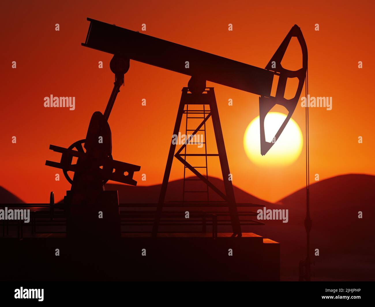 3D Rendering of working Oil Pumping Jack Silhouette gegen den Sonnenuntergang Stockfoto