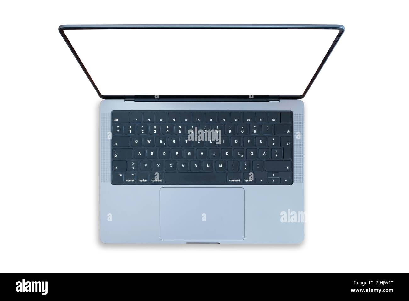 Draufsicht auf modernen Laptop-Computer isoliert auf weißem Hintergrund Stockfoto