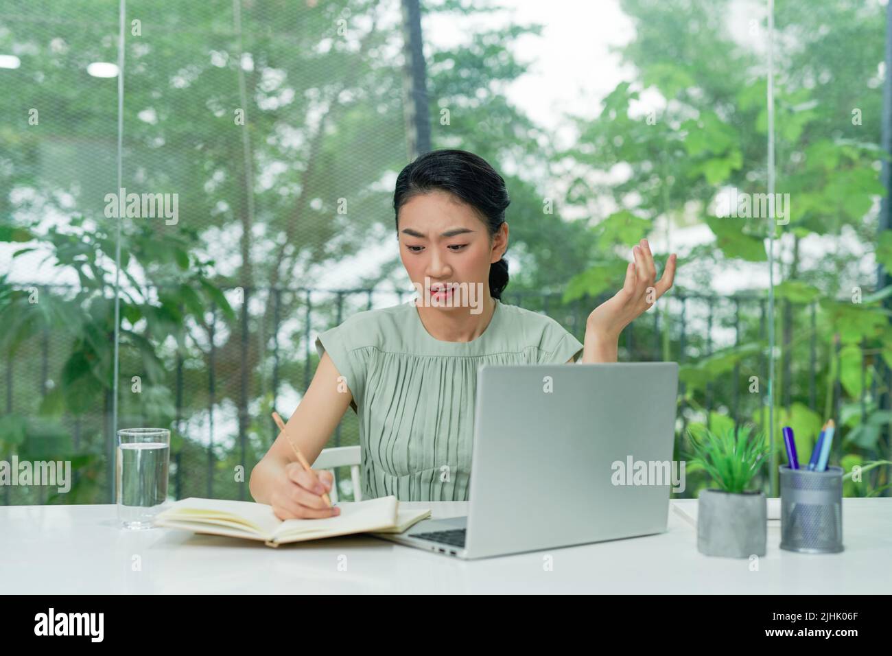 Gestresste attraktive Dame verärgert durch harte Arbeit oder Systemabsturz. Stockfoto