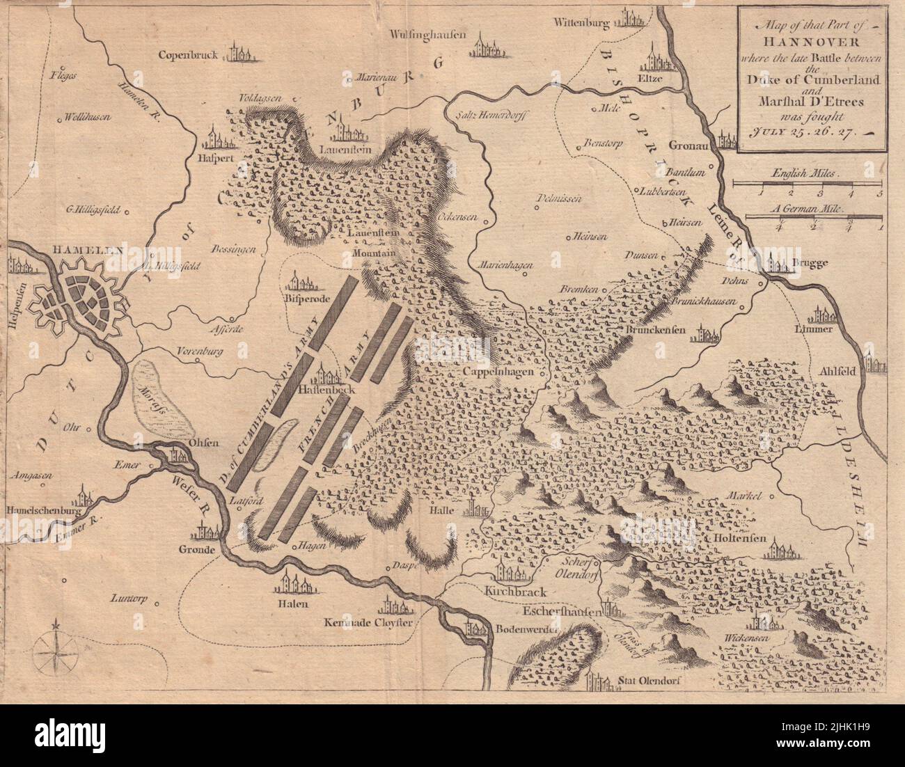 Karte von diesem Teil von Hannover… Schlacht bei Hastenbeck. Hameln. HERREN MAG 1757 Stockfoto