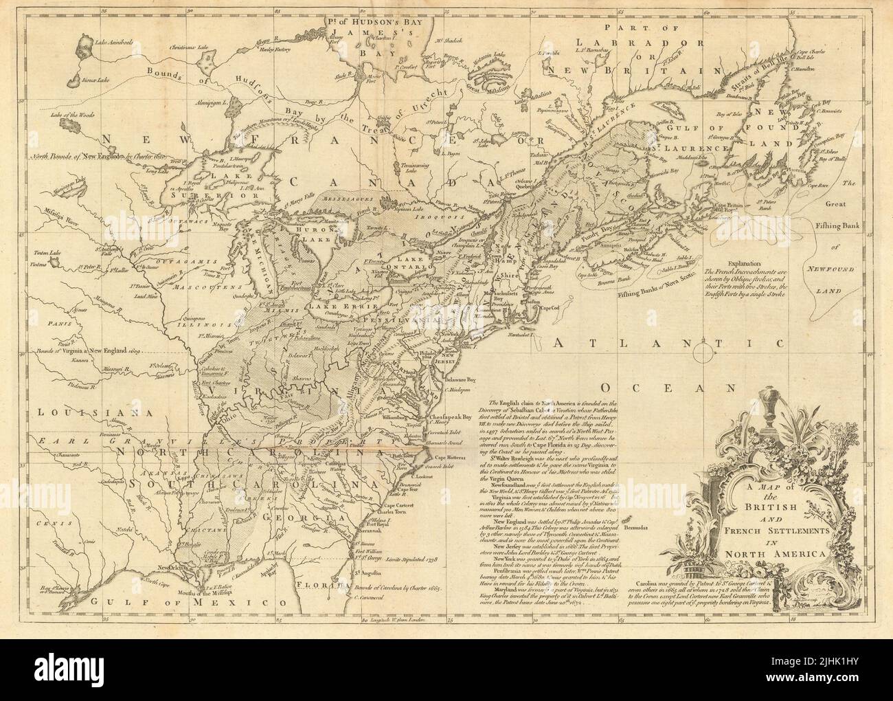 Eine Karte der britischen und französischen Siedlungen in Nordamerika. LODGE 1755 Stockfoto