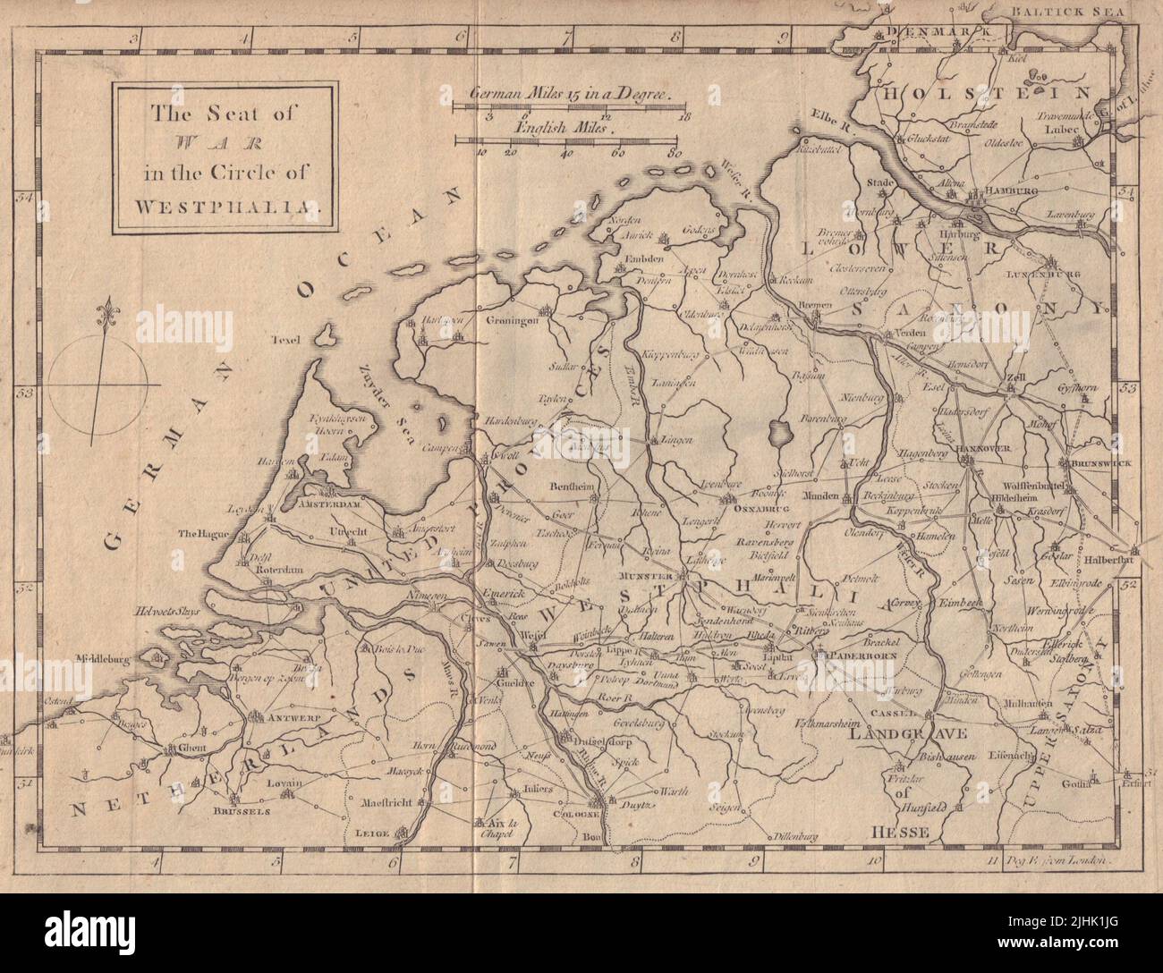 Sitz des Krieges im Westfälischen Kreis. Niederlande Deutschland. GENTS mag 1757-Karte Stockfoto