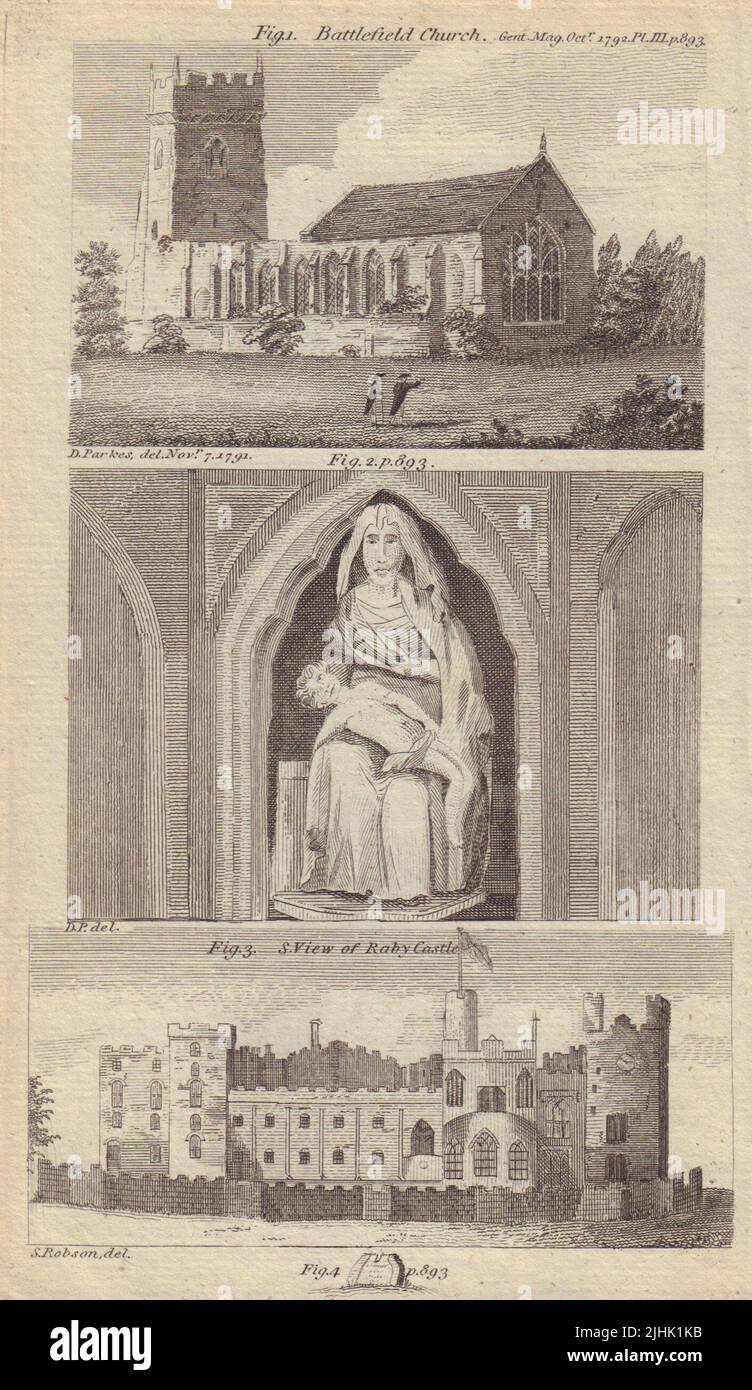 Schlachtfeld-Kirche Der Heiligen Maria Magdalena Shrewsbury Salop. Raby Castle Durham 1792 Stockfoto