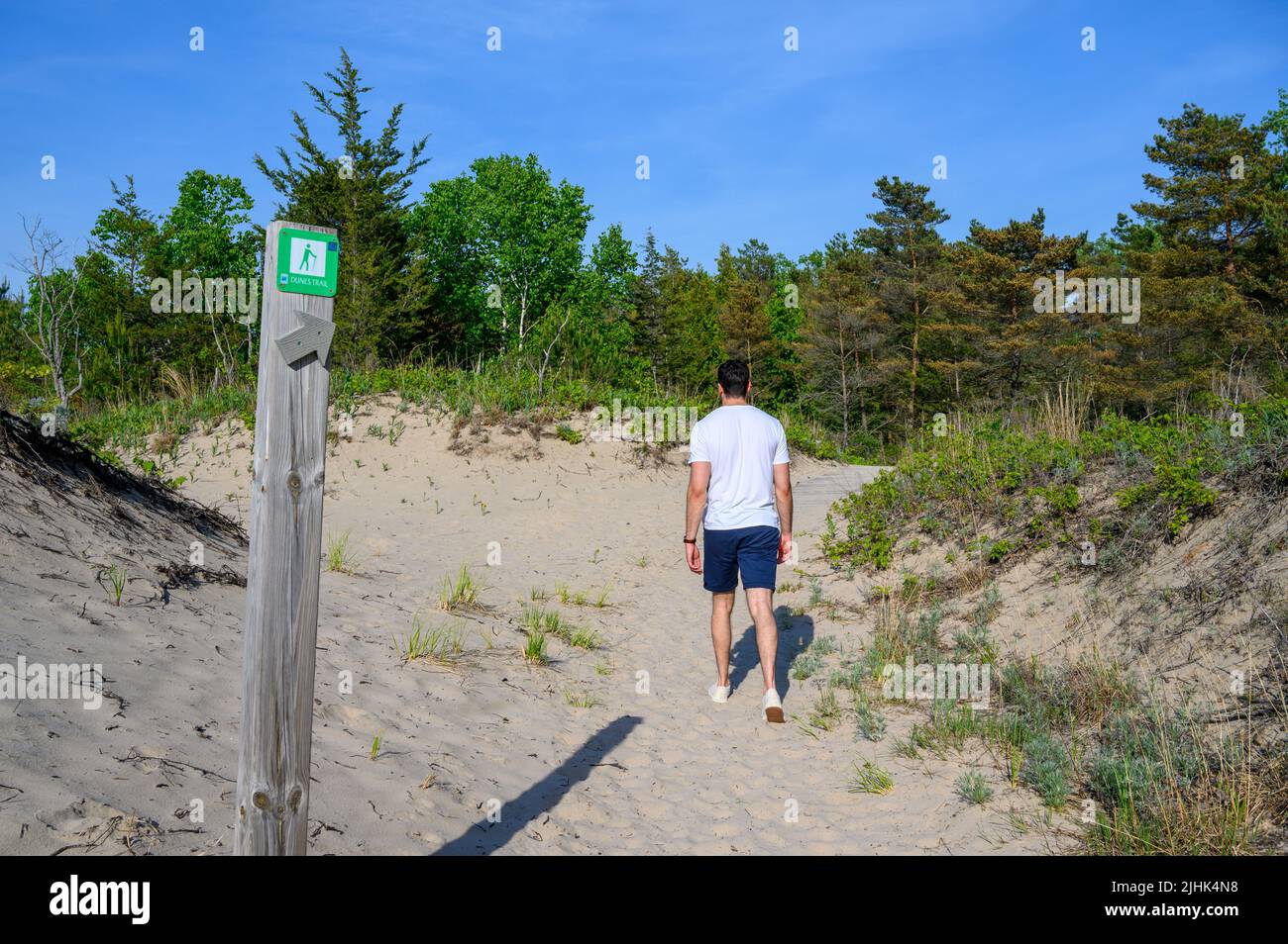 Ein junger Mann mit gemischtem Rennen in seinen Zwanzigern geht am Sandbanks Dunes Beach, Prince Edward County, Ontario, Kanada, entlang des Dunes Trail. Stockfoto