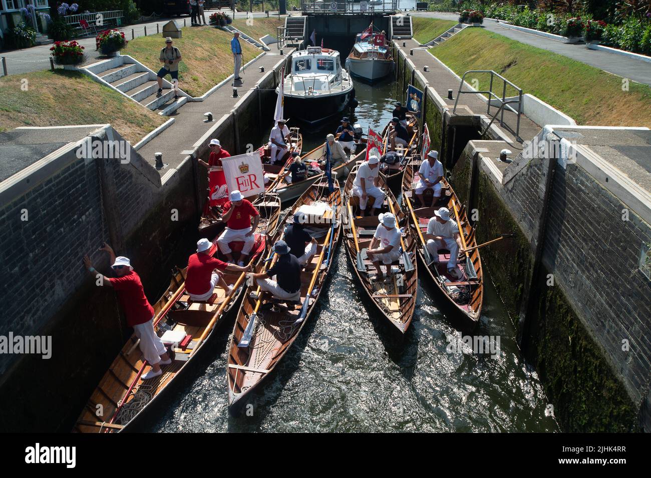 Bray, Großbritannien. 19.. Juli 2022. Schwanenboot auf der Themse bei Bray Lock. Swan Upping ist die traditionelle britische jährliche Zählung der Schwäne und Cygnets an der Themse durch die Royal Swan Uppers und Swan Uppers der Lackhersteller der Winzer und Dyers. Leider ist die Zahl der Cygnets nach der Vogelgrippe Anfang dieses Jahres und der Zahl der Schwäne, die durch brutale Hundeangriffe und Jugendliche getötet wurden, zurückgegangen. Quelle: Maureen McLean/Alamy Live News Stockfoto