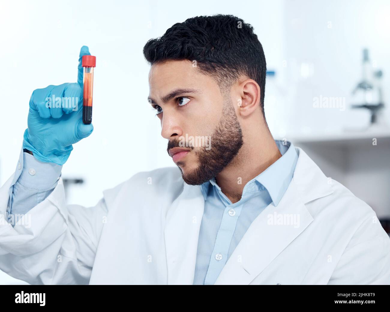 Ein hübscher junger Mann mit gemischter Rasse, der Handschuhe und einen Laborkittel trägt und eine medizinische Blutprobe in einem Reagenzglas in einem Labor ansieht. Ein männlicher Wissenschaftler, der schaut Stockfoto