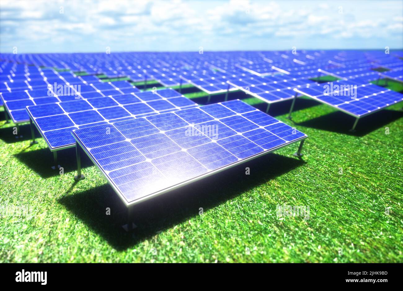 3D Abbildung. Sonnenkollektoren verteilen sich auf dem grünen Gras über das Feld. Saubere Energie zum Schutz der Umwelt. Stockfoto