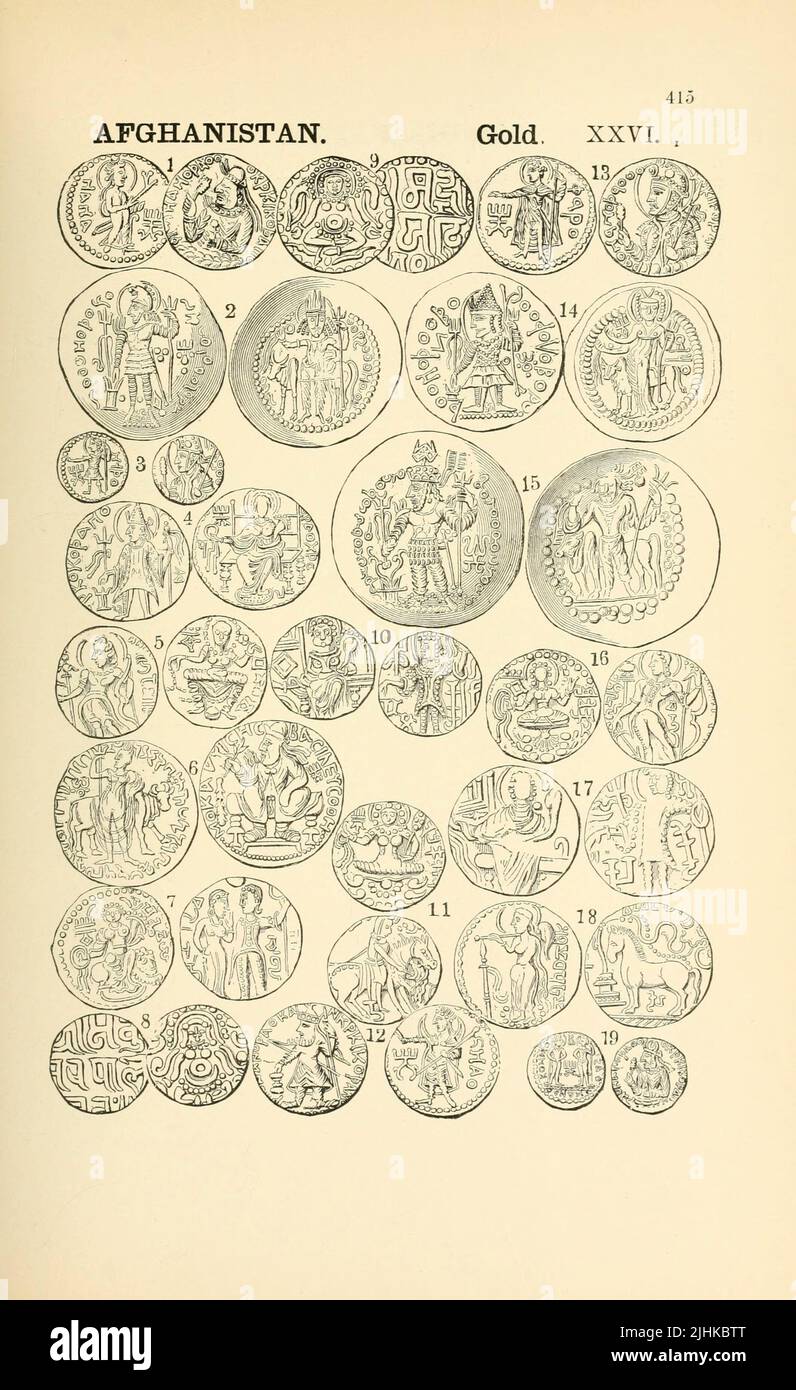 Aus dem Buch illustrierte Enzyklopädie der Gold- und Silbermünzen der Welt; illustriert das moderne, alte, aktuelle und neugierige, von 1885 n. Chr. zurück bis 700 v. Chr. von Andrew Madsen Smith, Erscheinungsdatum 1886 Stockfoto