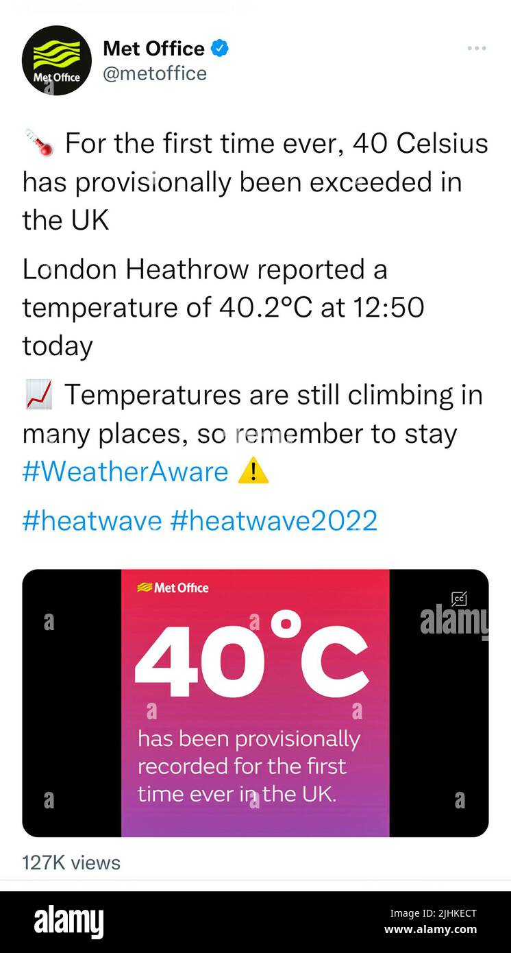 England, Großbritannien 19.. Juli 2022. Das UK Met Office berichtete, dass zum ersten Mal überhaupt eine Temperatur von 40 Grad Celsius im Vereinigten Königreich vorläufig überschritten worden sei. London, Heathrow, meldete eine Temperatur von 40,2 Celsius bei 12,50 BST. Kredit: Mark Richardson/Alamy Live Nachrichten Stockfoto