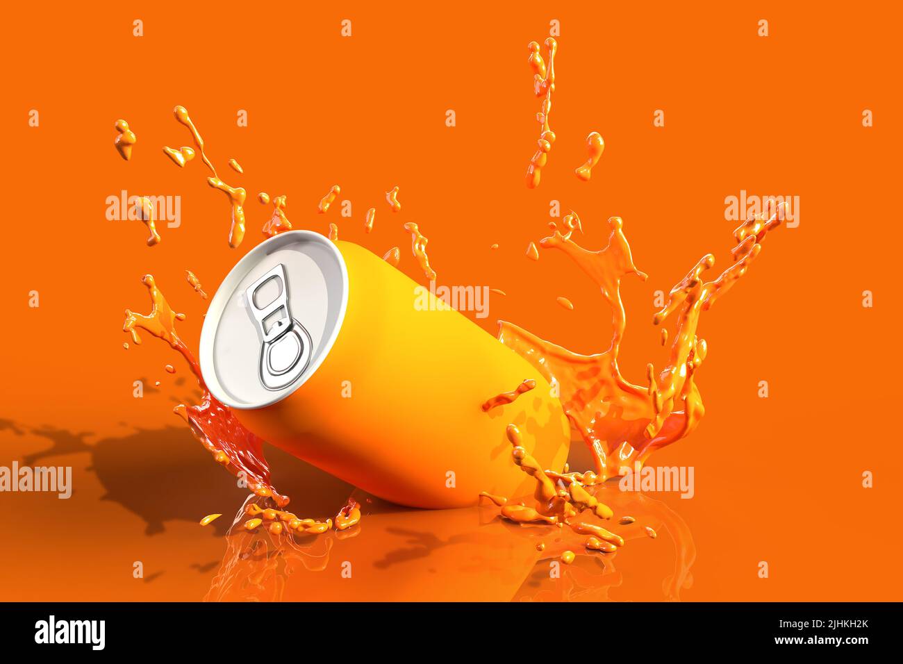 Orange Drinks können Splash 3D Render mit orangefarbenem Hintergrund, geeignet für 3D Mockup Stockfoto