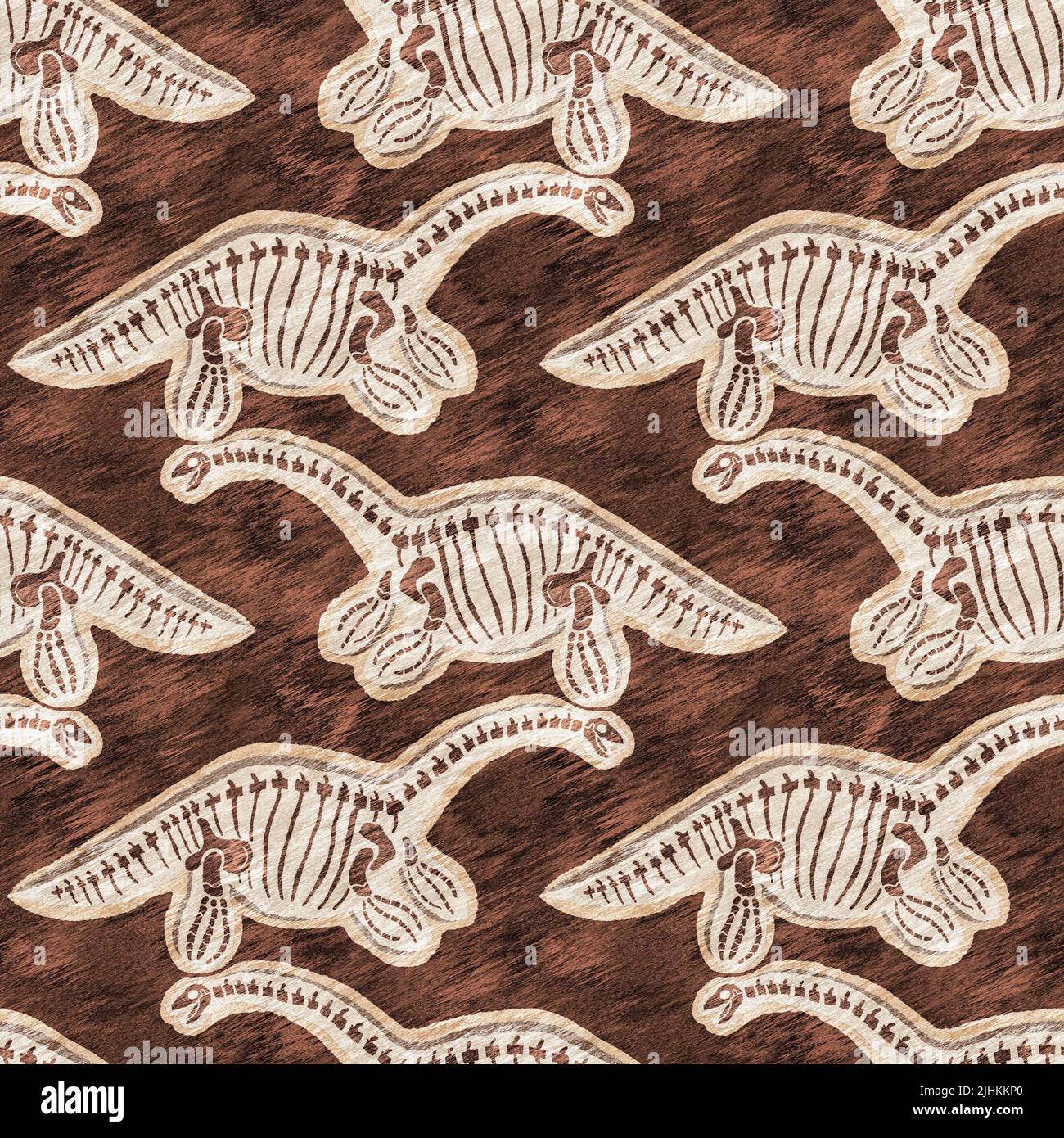Braune Plesiosaurier Dinosaurier fossile Knochen nahtloses Muster. Geschlechtsneutrale jurassische Silhouette. Wohnkultur für Museum, Exzintion und Textildesign. Stockfoto