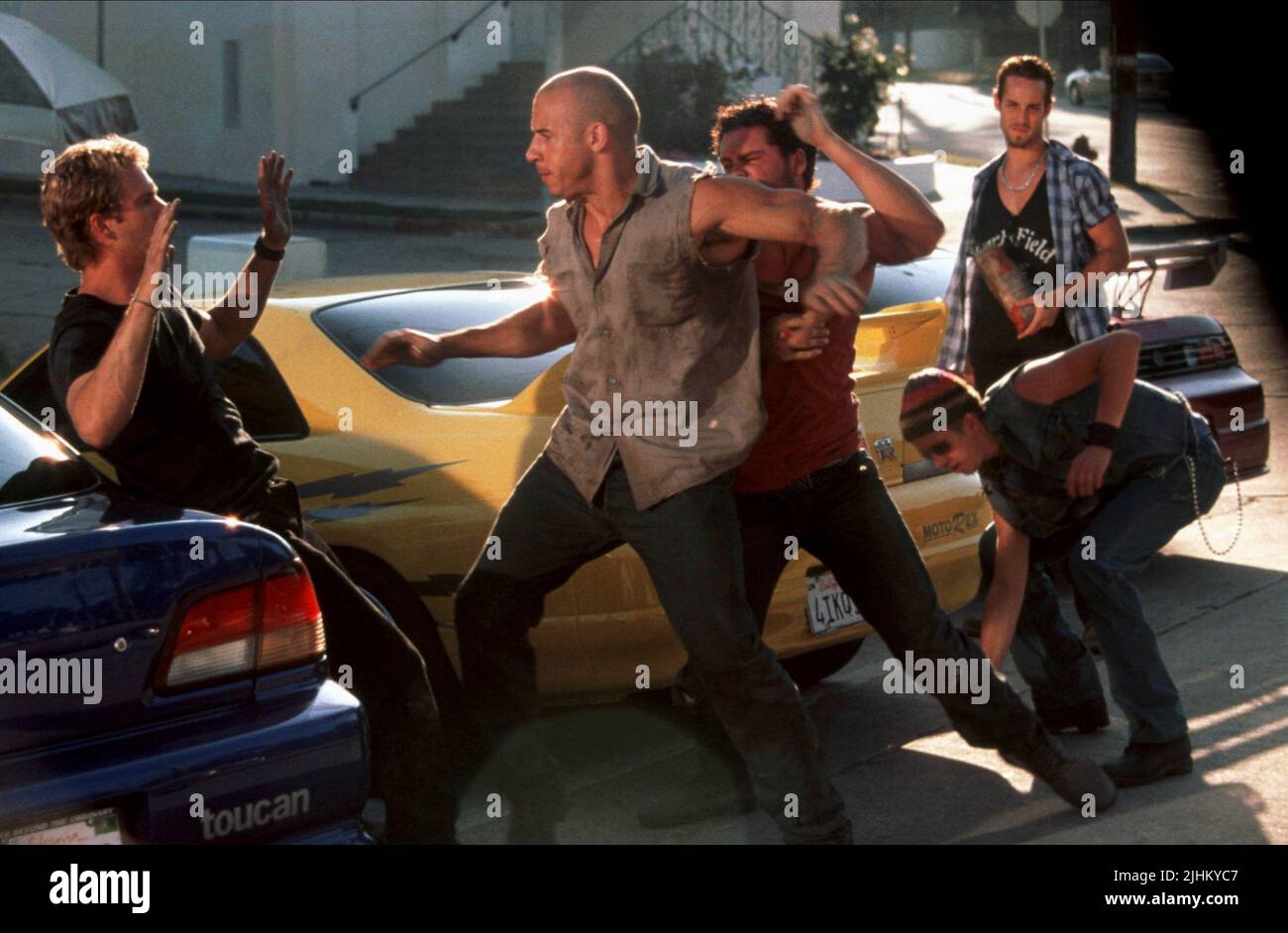 PAUL WALKER, VIN DIESEL, MATT SCHULZE, CHAD LINDBERG, JOHNNY STRONG, DAS SCHNELLE UND DAS WÜTENDE, 2001 Stockfoto