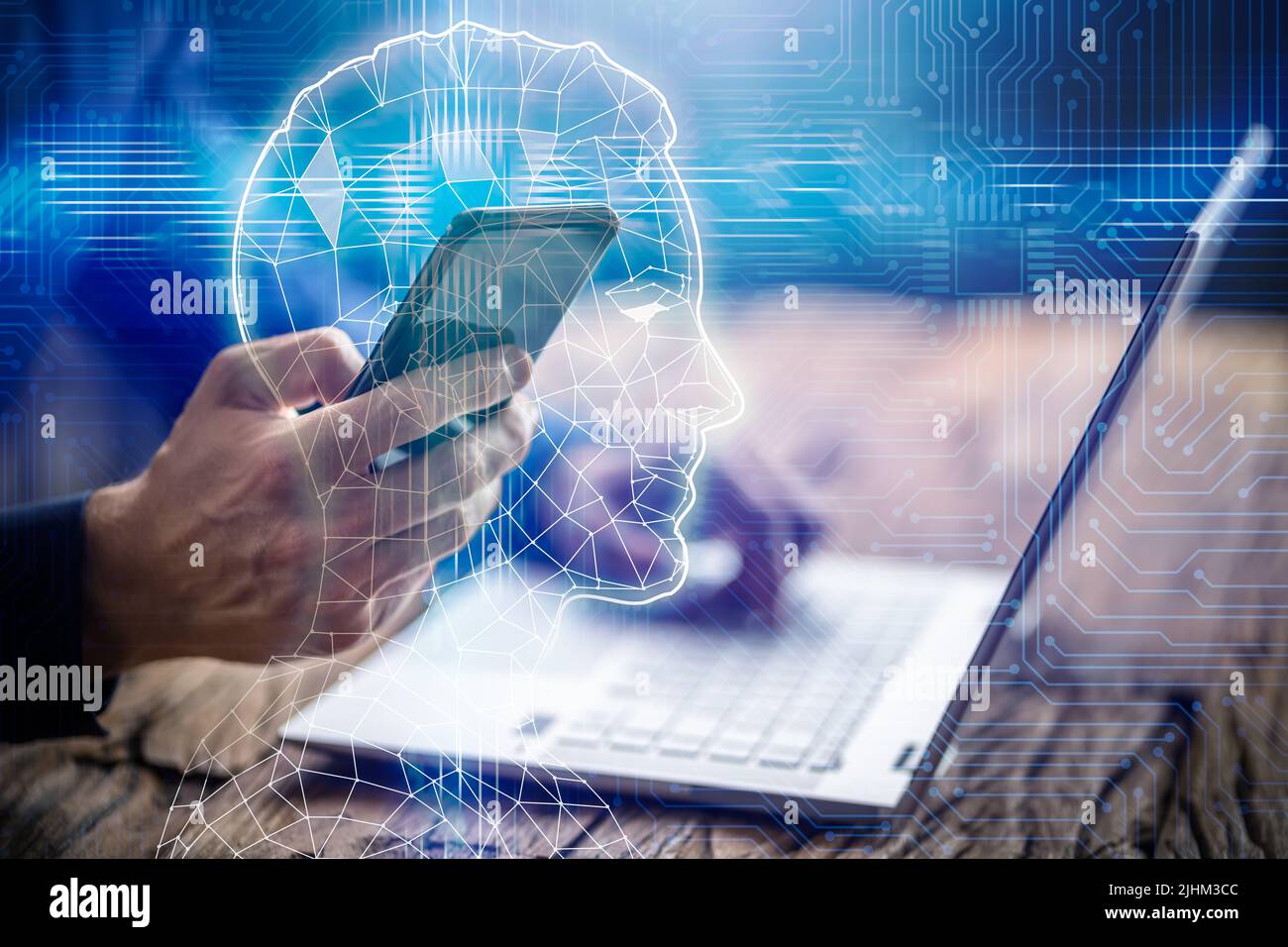 Maschinelles Lernen AI. Analyse Des Marketingplans. Daten Auf Dem Telefon Stockfoto