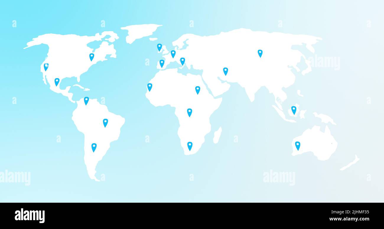 Bild der Weltkarte mit Positionsmarkierungen auf blauem Hintergrund Stockfoto