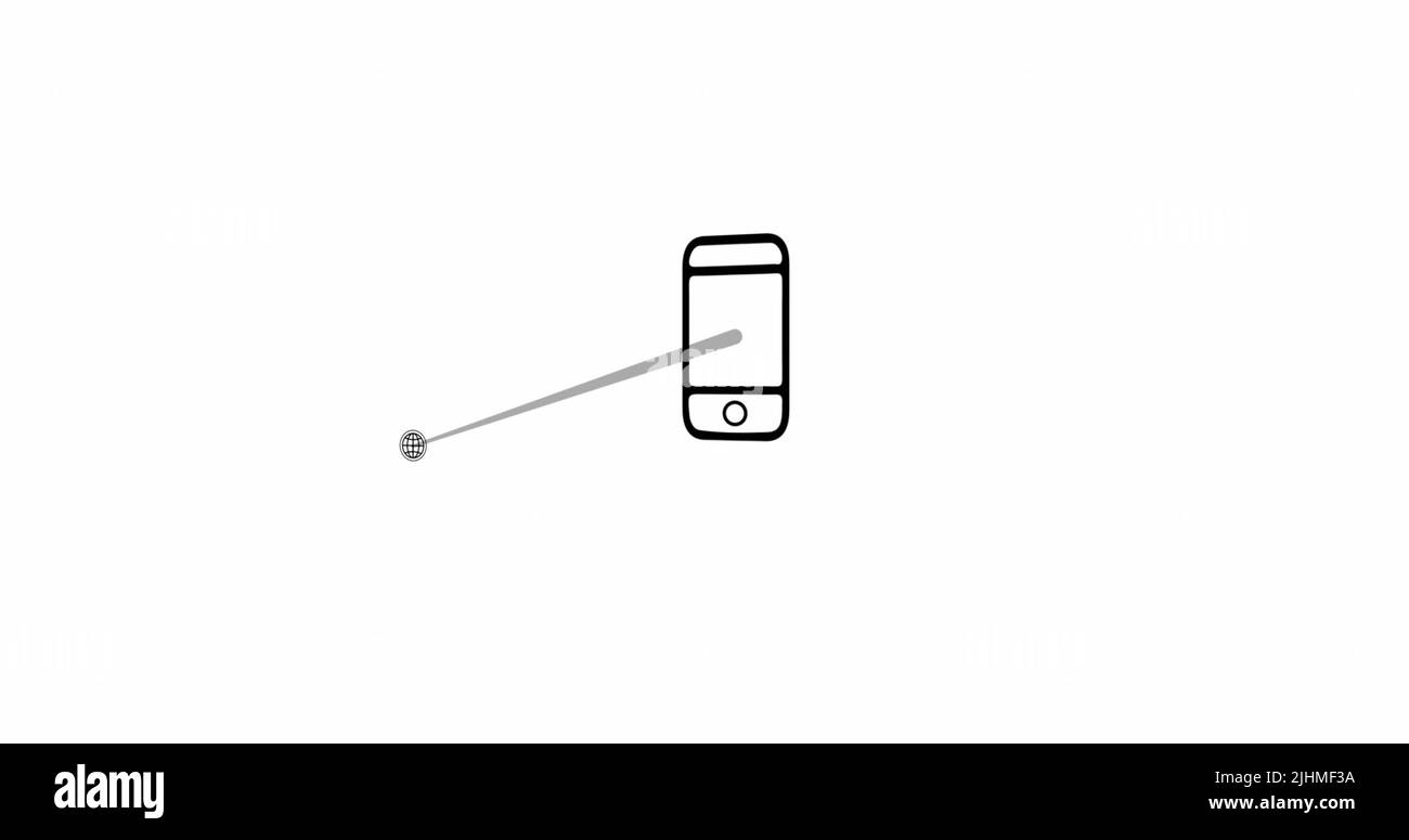 Bild von Smartphone und Verbindungen mit Tech-Symbolen auf weißem Hintergrund Stockfoto