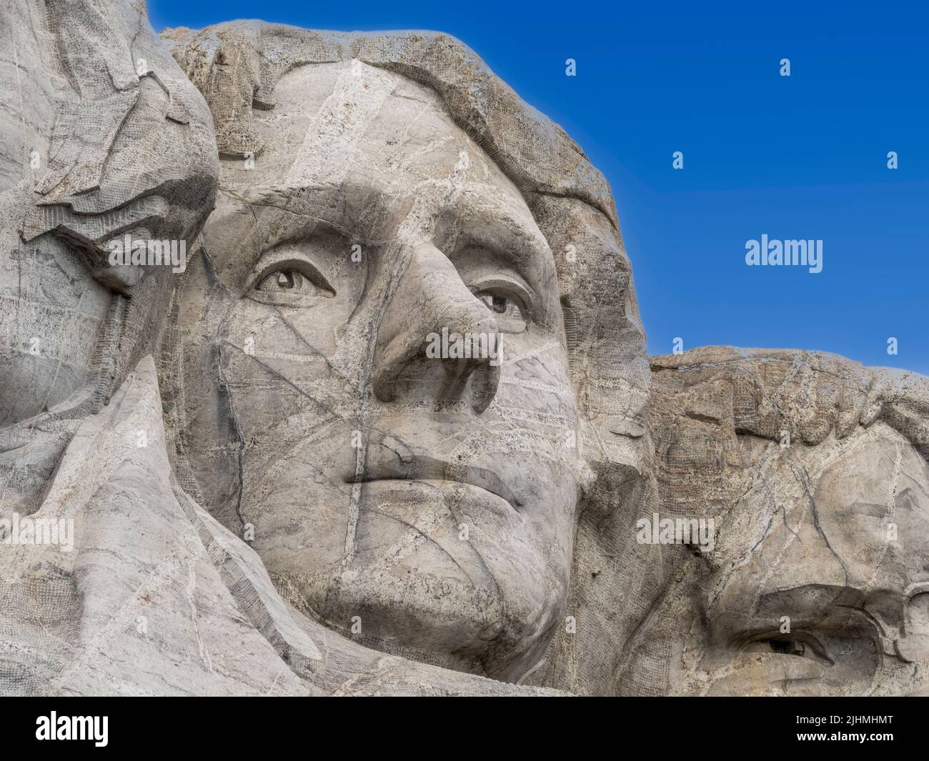 Nahaufnahme der Skulptur von Thomas Jefferson am Mount Rushmore National Memorial in den Black Hills von South Dakota, USA Stockfoto