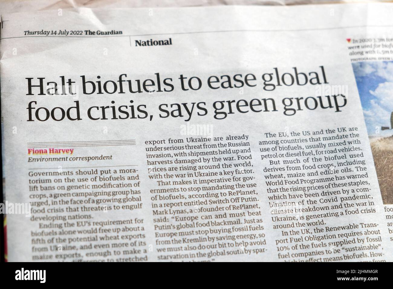 „Stocken Sie Biokraftstoffe, um die globale Nahrungsmittelkrise zu lindern“, sagt Green Group, Zeitung Guardian, Headline 14 July 2022 London UK Stockfoto