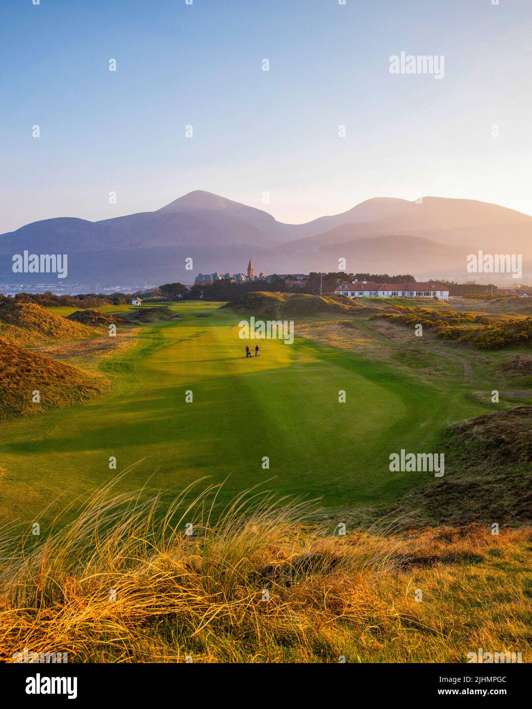 Die untergehende Sonne leuchtet die Royal County Down Links unter dem imposanten Slieve Donard und den Bergen von Mourne, County Down, Nordirland Stockfoto