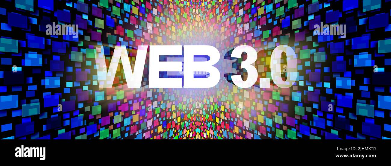 Web 3,0 neue Technologie und Metaverse Virtual Reality und Internet futuristisches Streaming-Medien-Symbol mit VR-Technologieals Computer-Medien-Konzept Stockfoto
