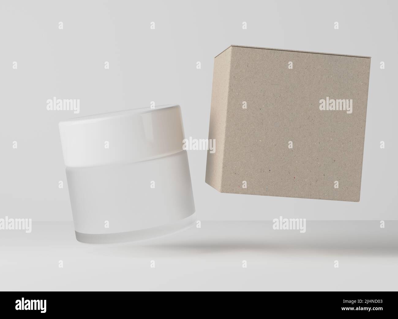 Kosmetische Creme-Glas mit weißem cpastic Deckel und braunen Papier-Box, Pflegeprodukte Verpackung und Branding Mockup 3D Render Stockfoto