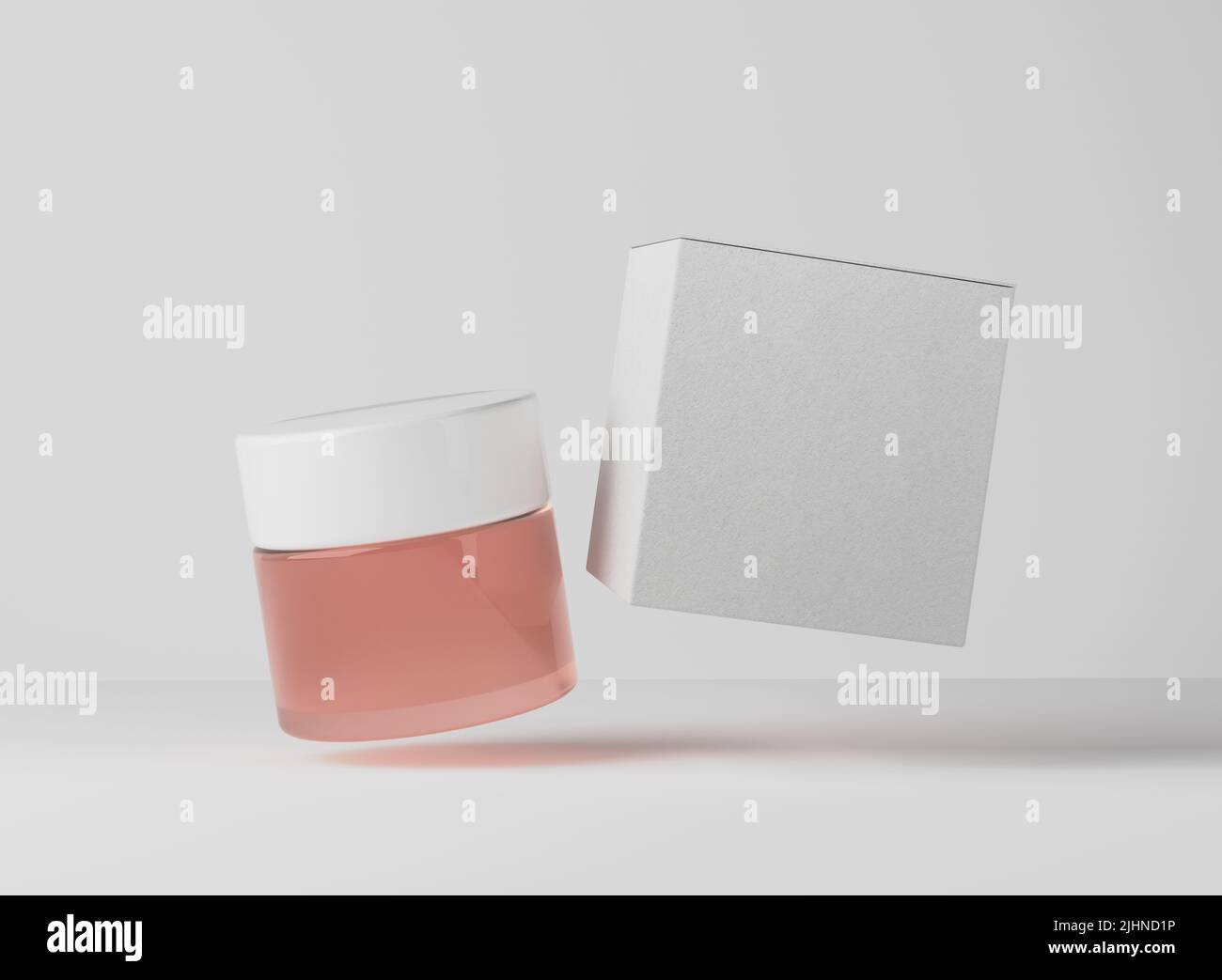 Rosa Kunststoff kosmetische Creme-Glas mit weißem Deckel und Karton, Pflegeprodukte Verpackung und Branding Mockup 3D Rendern Stockfoto