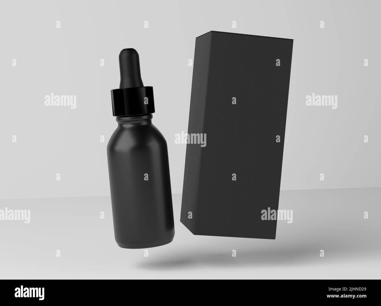 Gesichtsöl Serum schwarze Glasflasche, Design bereit Droplet mit Box-Mockup, 3D Render Stockfoto