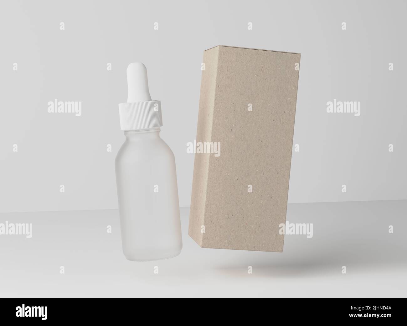 Gesichtsöl Serum Milchglas Flasche, Design bereit Droplet mit braunem Papier Box Mockup, 3D Render Stockfoto