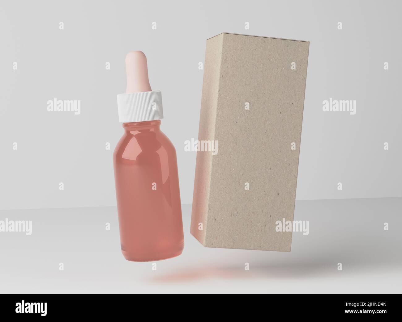 Face Oil Serum rosa Glasflasche, Design bereit Droplet mit braunem Papier Box Mockup, 3D Render Stockfoto