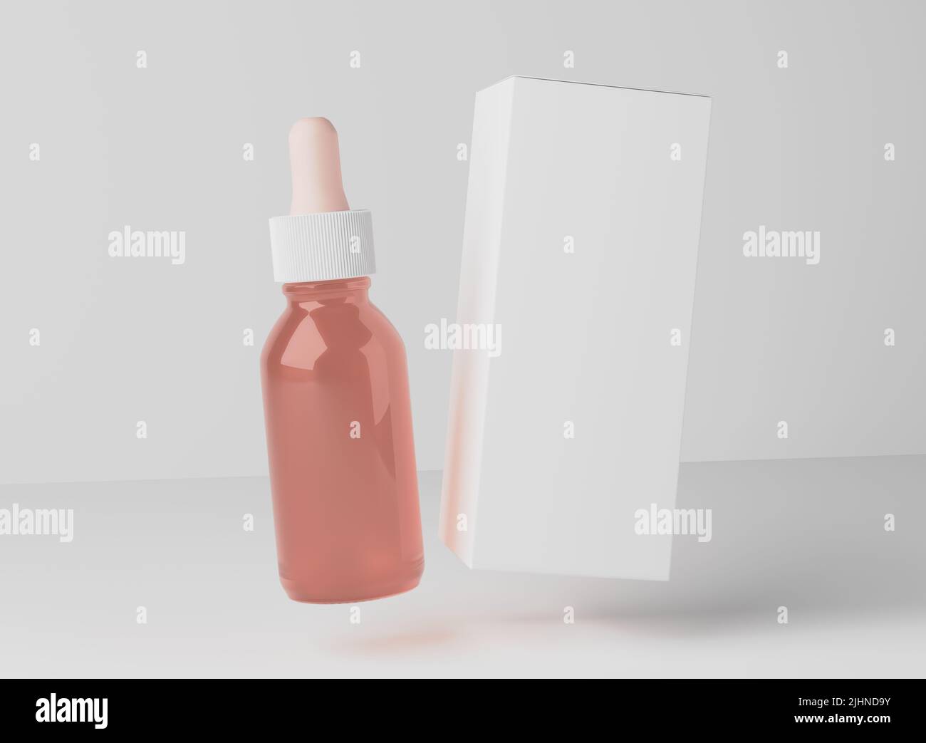 Gesichtsöl Serum rosa Glasflasche, Design bereit Droplet mit weißem Karton mockup, 3D Render Stockfoto