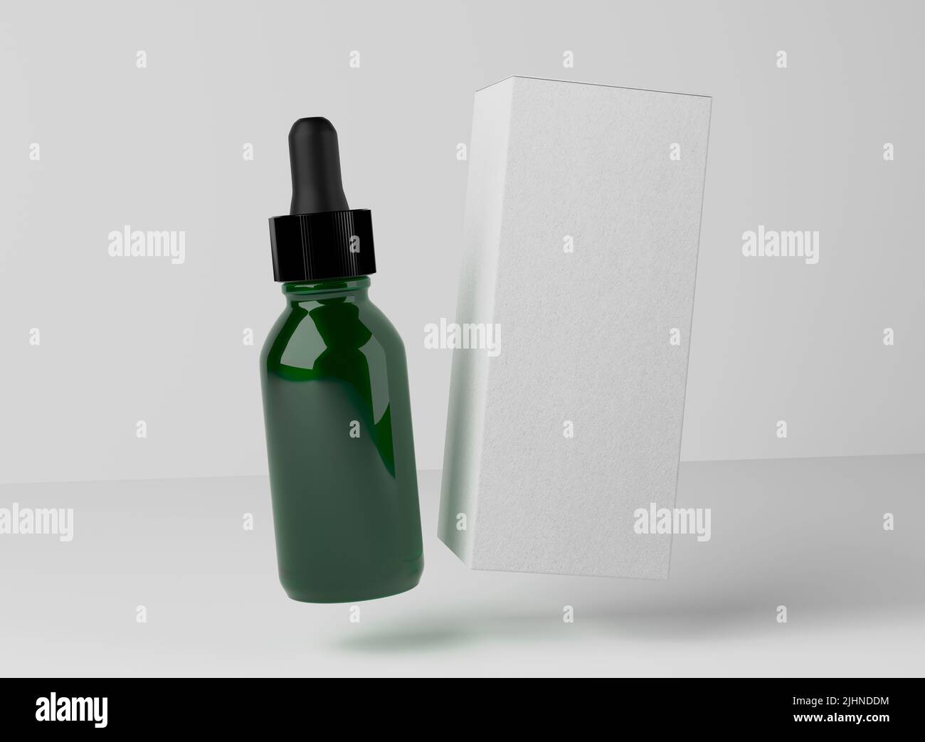 Gesichtsöl Serum grüne Glasflasche, Design bereit Droplet mit Box-Mockup, 3D Render Stockfoto