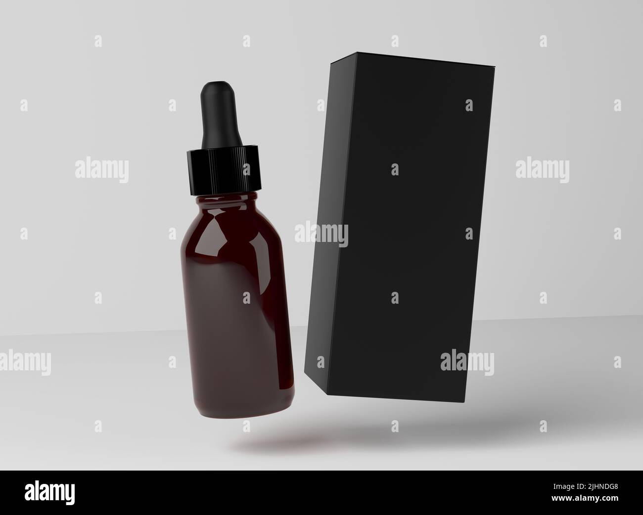 Gesichtsöl Serum Amber Brauglas Flasche, Design bereit Droplet mit Black Box Mockup, 3D Render Stockfoto