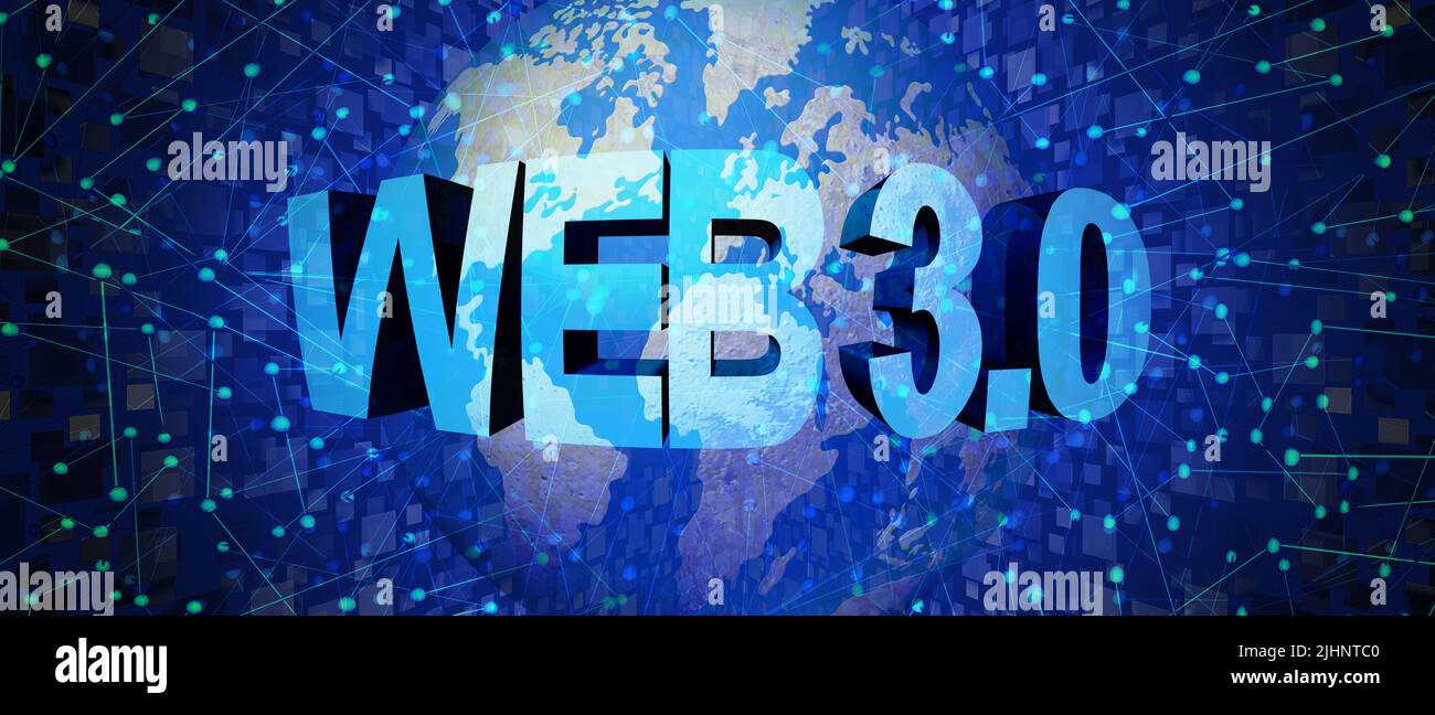 Web 3,0 neue globale Technologie und Metaverse Virtual Reality und Internet futuristisches Streaming-Medien-Symbol mit VR-Technologieals Computermedium Stockfoto