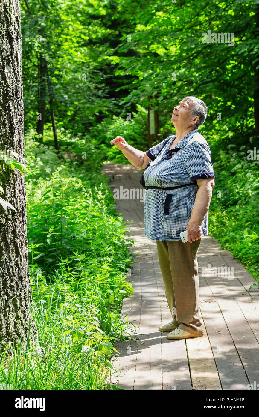 Ältere Frau zu Fuß entlang im Wald, aktive Erholung der Rentner, Wellness-Spaziergang in der Natur.Rentner Frau mit Spaß und interessante Freizeitaktivitäten Stockfoto