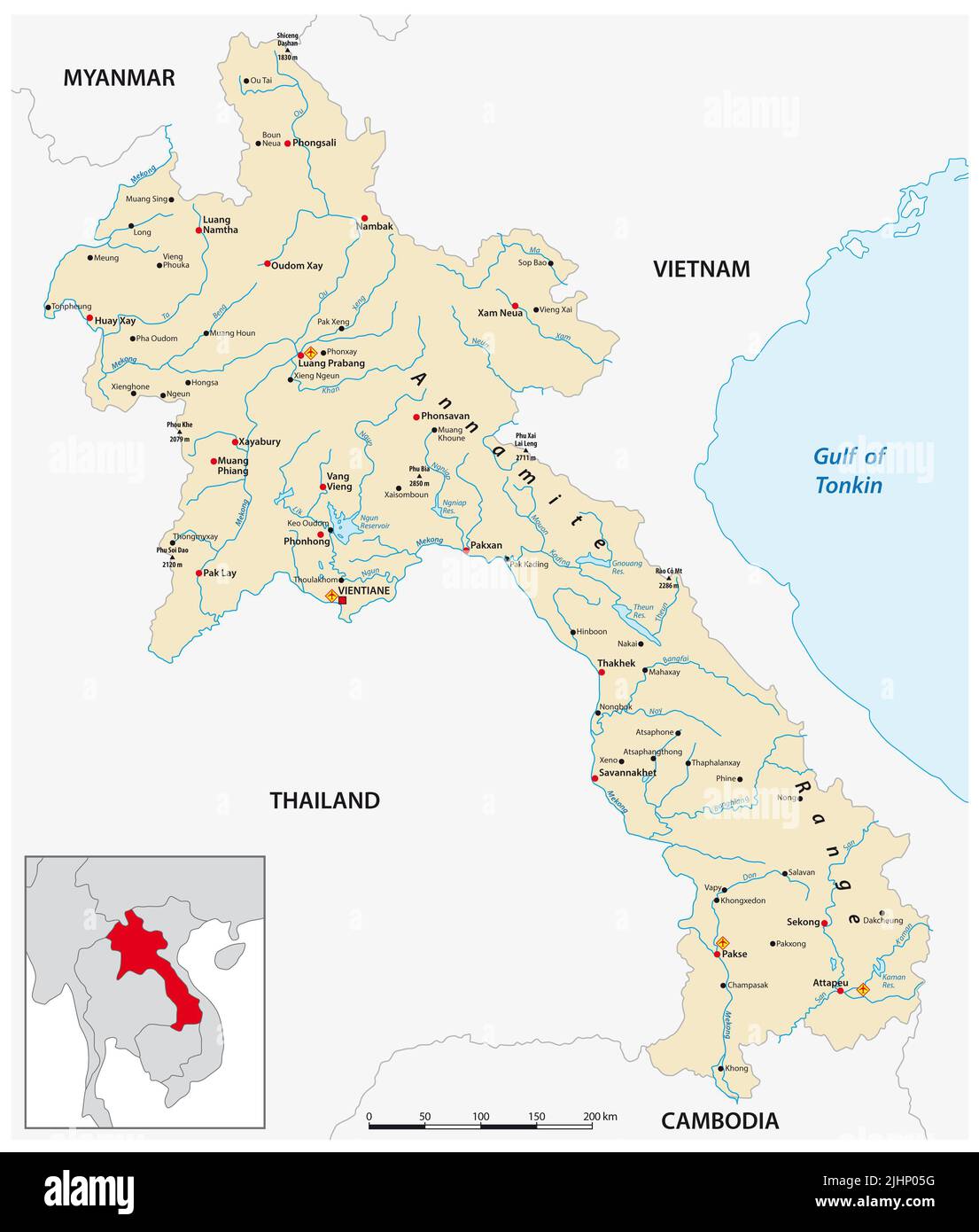 Vektorkarte von Laos, Demokratische Republik der Völker Stockfoto