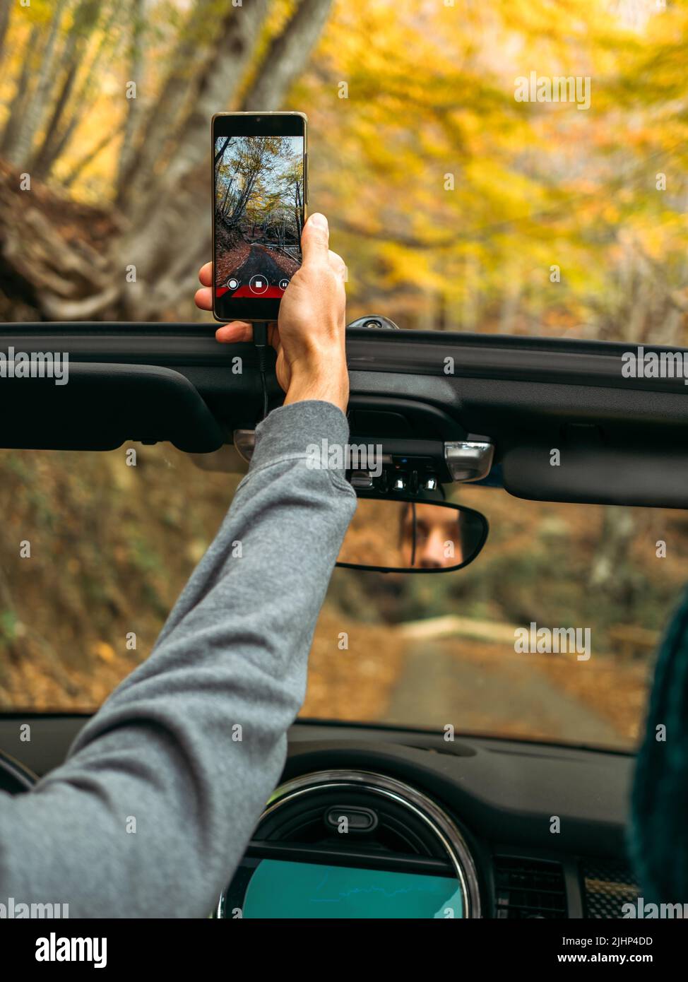 Der Mensch nimmt ein vertikales Video auf einem Mobiltelefon vom Auto auf der Straße im herbstlich schönen Wald Stockfoto