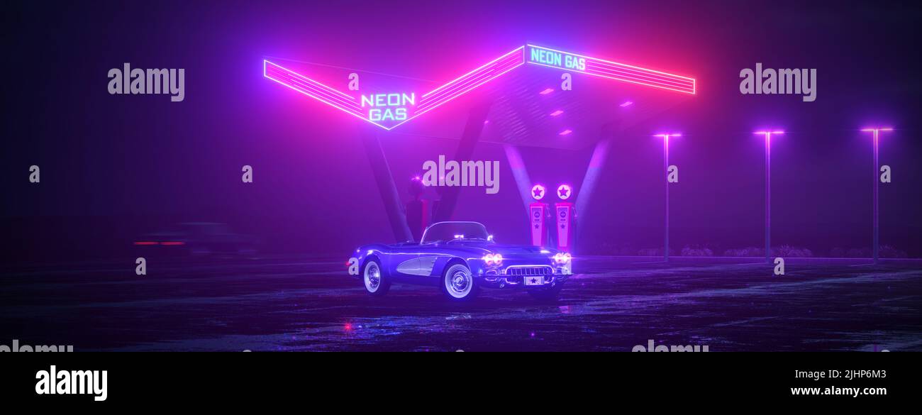 Neon-Tankstelle und Retro-Auto. Vintage Cyberpunk Auto. Nebel Regen und Nacht. Farbe lebendige Reflexionen auf Asphalt. 3D Abbildung. Stockfoto
