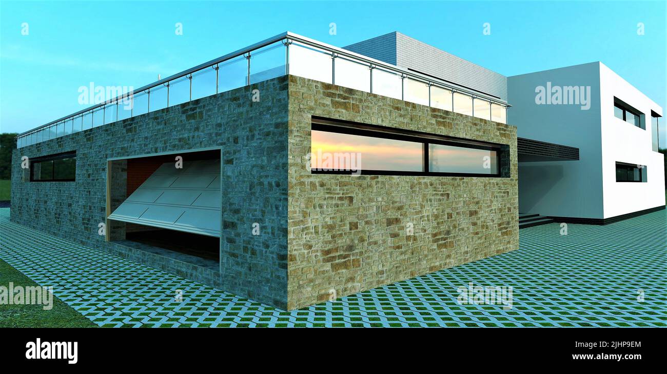 Modernes High-Tech-Gebäude. Offene Garage, geschlossene Terrasse und alte, rötliche Schieferfassade. Erweiterter Blindbereich aus perforiertem Stein. 3D Rendern. Stockfoto