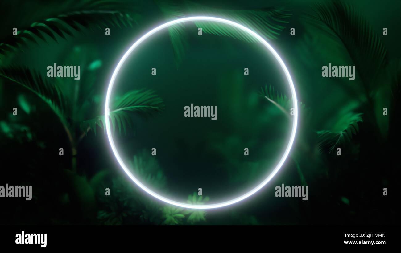 Verschwommene tropische Blätter mit kreisförmigen Neonlichtrahmen hinter Milchglas. Grün Tropic hinterlässt Hintergrund. Glasmorphismus. 3D Abbildung. Stockfoto