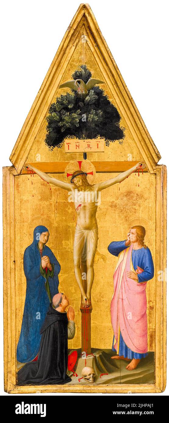 Fra Angelico, Christus am Kreuz, die Jungfrau, der heilige Johannes der Evangelist und Kardinal Torquemada, Malerei in Tempera auf Tafel, 1451 Stockfoto