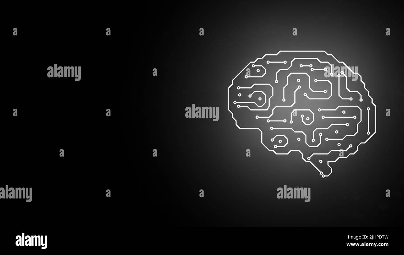 Technologie Gehirn Hintergrund Konzept. Digitaler menschlicher Geist wie Computerchip. Wissenschaft, ai, Netzwerk Idee. Hochwertige Illustration Stockfoto