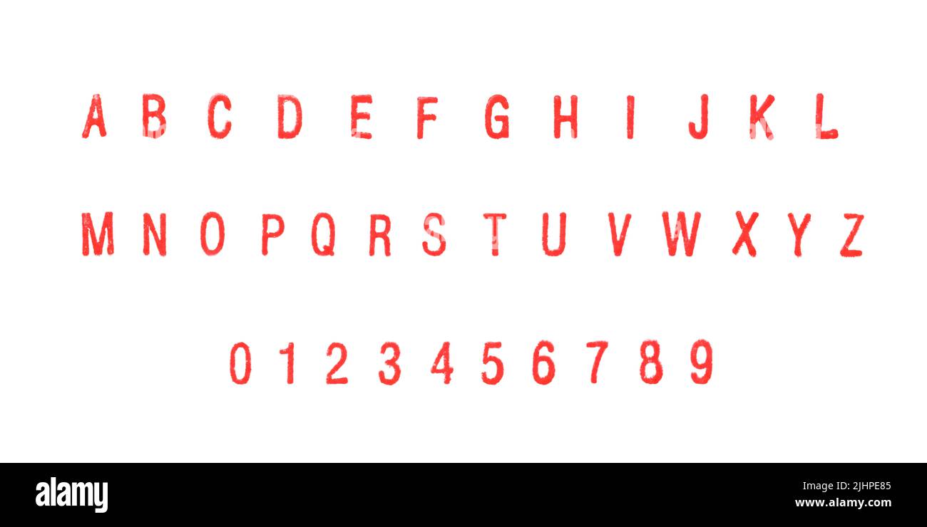 Rot gestempelt Buchstaben und Zahlen auf weiß gesetzt. Echtes Gummi Stempel Aufdruck Foto Stockfoto